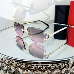 Luxury Rimless Round Cut Sunglasses Pink Gray Lens Gold Frame with High-Quality